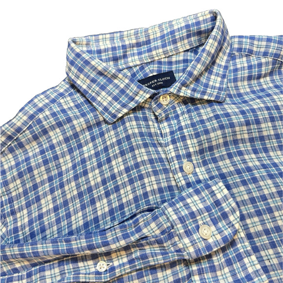 Proper Cloth Other - Proper Cloth Shirt Mens Large Blue Plaid Linen Button Down Long Sleeve Casual